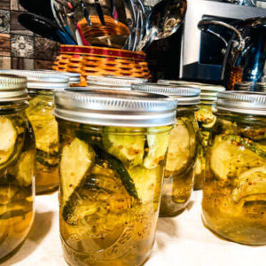 Homemade, water bath canned- jar of pickles on counter.
